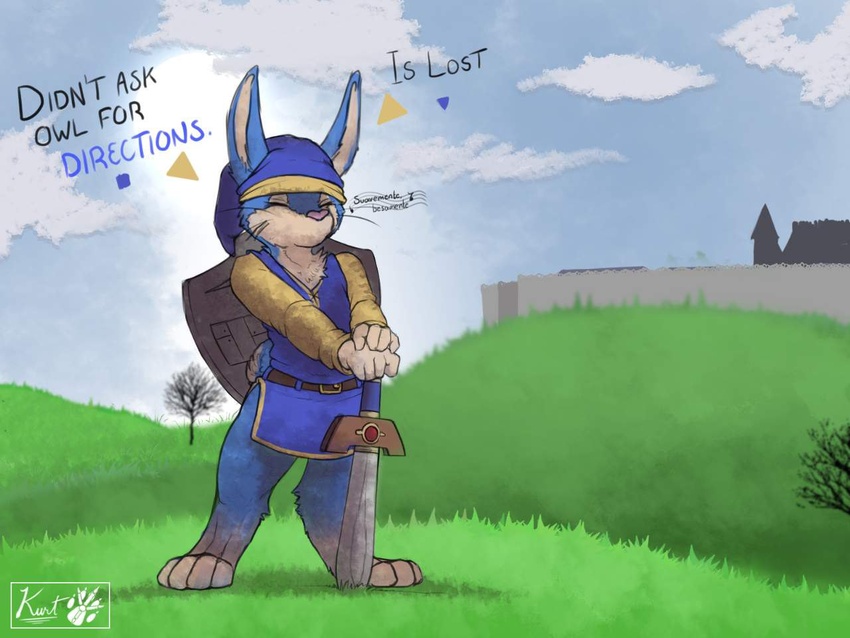 4:3 anthro ascot_the_herro_(geno28) blue_clothing bottomless closed_eyes clothed clothing day detailed_background dialogue english_text geno28_(artist) grass hat headgear headwear humor hylian_shield lagomorph leporid male mammal melee_weapon nintendo ocarina_of_time outside plant princess_zelda rabbit shield shirt solo sword sword_in_ground text the_legend_of_zelda topwear town tree tunic watermark weapon