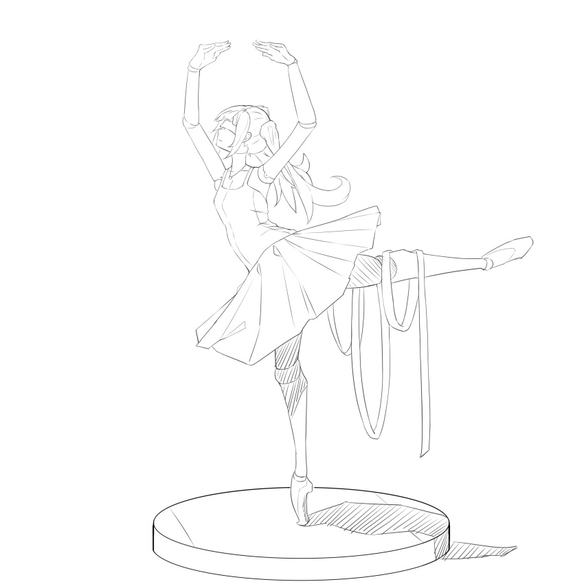 absurdres arabesque_(pose) arms_up ballerina ballet ballet_slippers breasts chinese_commentary commentary_request doll doll_joints drawing_mannequin en_pointe female full_body greyscale hatsune_miku highres joints line_art long_hair monochrome ribbon simple_background small_breasts solo standing standing_on_one_leg summerwood_000 tutu twintails vocaloid white_background