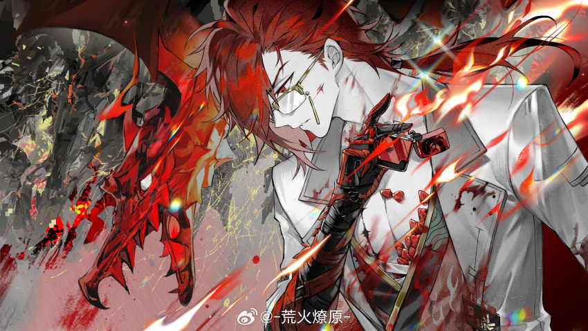 blood blood_on_clothes blood_on_face chinese_commentary closed_mouth coattails collared_jacket colored_skin commentary_request dragon expressionless fire glasses highres holding holding_lighter huang_huo_liaoyuan injury jacket lighter long_hair long_sleeves looking_ahead low_ponytail male_focus mortefi_(wuthering_waves) open_clothes open_jacket pectoral_cleavage pectorals red_eyes red_hair red_theme scar scar_on_chest tacet_mark_(wuthering_waves) watermark weibo_logo weibo_watermark white_jacket white_skin white_sleeves wuthering_waves yellow-framed_eyewear