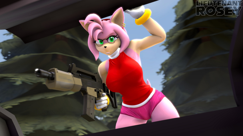 16:9 3d_(artwork) 4k absurd_res amy_rose anthro big_breasts breasts clothed clothing detailed_background digital_media_(artwork) ear_piercing ear_ring eulipotyphlan eyewear female fur glasses gloves green_eyes gun handwear hedgehog hi_res holding_gun holding_object holding_ranged_weapon holding_weapon lieutenantrosey looking_at_viewer mammal open_mouth outside piercing pink_body pink_fur plant ranged_weapon ring_piercing sega sky solo sonic_the_hedgehog_(series) source_filmmaker_(artwork) tail tan_body tree warfare_amy warfare_machine watermark weapon widescreen