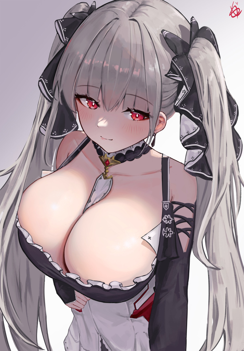 absurdres azur_lane black_dress breasts cleavage closed_mouth clothing_cutout collarbone commentary dress earrings female formidable_(azur_lane) from_above gradient_background grey_hair hair_ornament highres jesh_art jewelry large_breasts long_hair long_sleeves looking_at_viewer red_eyes shoulder_cutout signature simple_background smile solo twintails