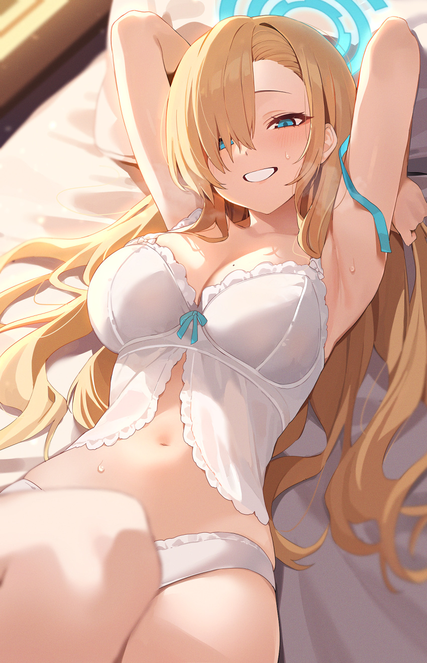 alternate_costume armpits asuna_(blue_archive) bed bed_sheet blue_archive blue_eyes blue_halo blush bra breasts collarbone female grin hair_over_one_eye halo highres indoors kithera large_breasts light_brown_hair long_hair looking_at_viewer mole mole_on_breast navel panties pillow smile solo stomach sweat underwear white_bra white_panties