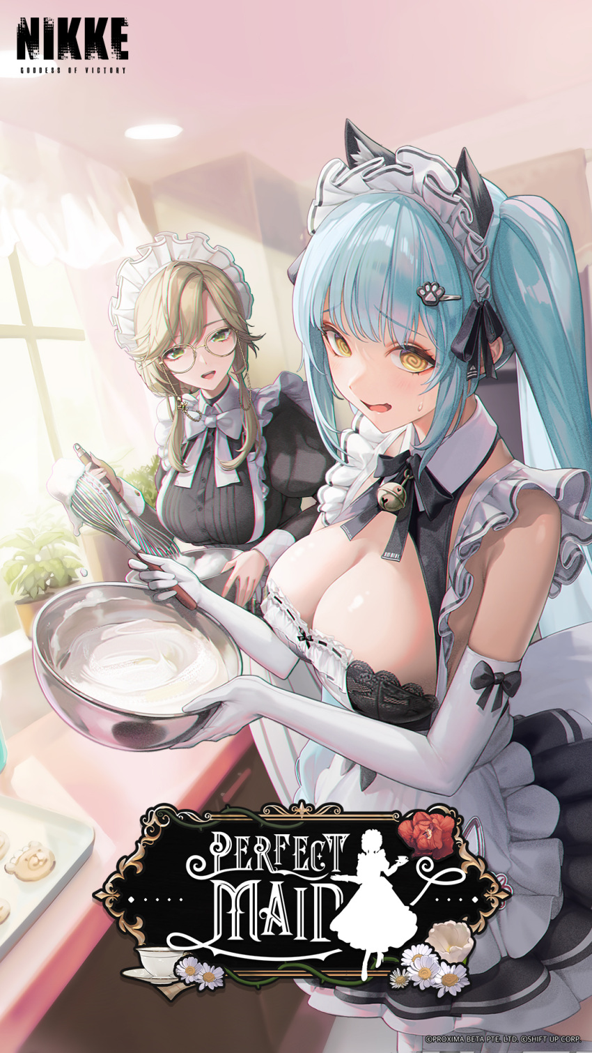 2girls @_@ ade_(nikke) animal_ear_fluff animal_ears apron aqua_hair artist_request black_dress black_ribbon bowl breasts cat_ears cocoa_(nikke) copyright_name curtains day dress elbow_gloves english_text frilled_apron frills glasses gloves goddess_of_victory:_nikke green_eyes green_hair hair_ornament hairclip highres holding holding_bowl holding_whisk indoors juliet_sleeves long_sleeves looking_at_another mixing_bowl multiple_girls official_art open_mouth parted_bangs pink_hair privaty_(nikke) privaty_(unkind_maid)_(nikke) puffy_sleeves purple_eyes raised_eyebrows ribbon second-party_source sunlight swept_bangs teeth twintails upper_teeth_only whisk white_apron white_gloves window yellow_eyes