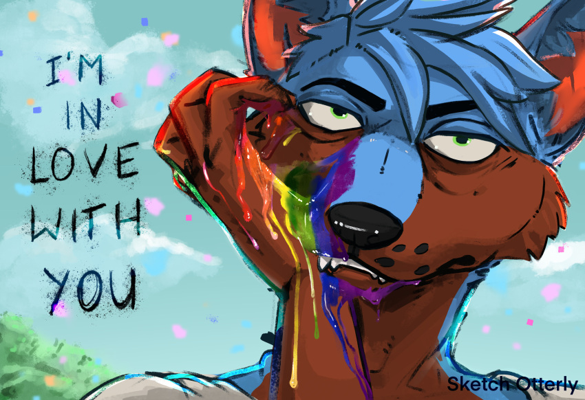 absurd_res anthro beastars canid canine fennec_fox fox henkas hi_res lgbt_pride lgbt_pride_month male mammal paint pride_colors screencap_redraw sketchotterly smile smiling_at_viewer smirk solo true_fox