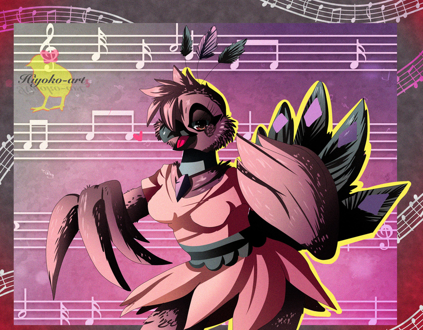 2016 animatronic anthro avian beak bird black_beak clothed clothing female grainy hi_res hiyoko looking_at_viewer machine music musical_note open_mouth robot simple_background solo treble_clef