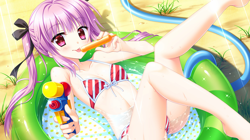 bikini day diagonal_stripes female floral_flowlove food game_cg hair_ribbon hose legs_up licking light_rays long_hair looking_at_viewer lying moribe_(rabumanyo) on_back outdoors partially_submerged pink_eyes popsicle purple_hair ribbon saisu_riku smile solo striped_bikini striped_clothes swimsuit tongue tongue_out twintails very_long_hair wading_pool water water_gun