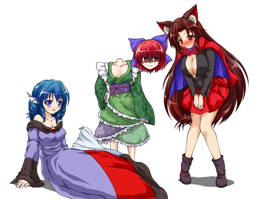 3girls animal_ears blue_eyes blue_hair blush bow breast_envy breasts brooch brown_hair cape cleavage collarbone commentary_request cosplay costume_switch disembodied_head dress fins grass_root_youkai_network hairbow hand_on_own_hip head_fins highres imaizumi_kagerou imaizumi_kagerou_(cosplay) japanese_clothes jewelry kimono large_breasts long_dress long_hair long_sleeves looking_at_viewer mermaid miniskirt monster_girl multiple_girls obi open_mouth red_cape red_eyes red_hair red_skirt sash sekibanki sekibanki_(cosplay) shaded_face shirt short_hair simple_background sitting skirt smile tail ten'yoku touhou very_long_hair wakasagihime wakasagihime_(cosplay) wavy_mouth white_background wide_sleeves wolf_ears wolf_tail