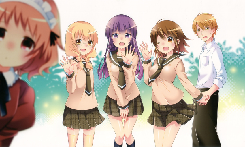 1boy 4girls :d ;d absurdres arai_cherry beige_shirt black_legwear black_necktie blonde_hair blurry blush braid breasts brown_eyes brown_hair collared_shirt depth_of_field glasses hair_between_eyes hayama_teru highres juliet_sleeves kneehighs knees_together_feet_apart long_hair long_sleeves looking_at_viewer maid maid_headdress medium_breasts multiple_girls necktie nishikawa_youko nose_blush odagiri_futaba official_art one_eye_closed open_mouth orange_hair photobomb pink_eyes pleated_skirt puffy_sleeves purple_eyes purple_hair rimless_eyewear sansha_san'you school_uniform serafuku shirt short_hair signature skirt smile socks sonobe_shino sweatdrop thighhighs twin_braids waving white_shirt wing_collar yamaji_mitsugu yellow_eyes yellow_legwear