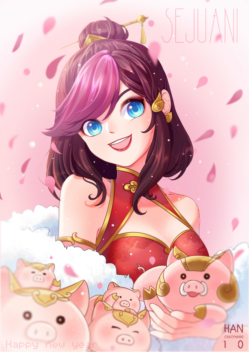 china_dress chinese_clothes dress female firecracker_sejuani league_of_legends lipstick makeup pig purple_hair sejuani short_hair