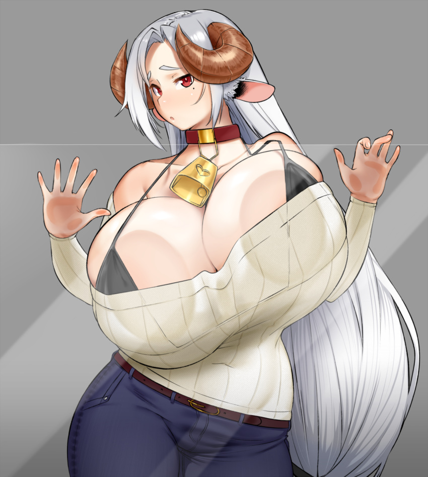 against_glass animal_ears bare_shoulders bell belt blaccura black_bra bra bralines breast_press breasts breasts_on_glass cleavage collar commentary_request commission covered_navel cowbell curled_horns curvy denim female gigantic_breasts grey_background grey_hair hanako_(debauncheryninja) highres horns jeans long_hair low-tied_long_hair mole mole_under_eye neck_bell off-shoulder_sweater off_shoulder original pants parted_bangs plump red_eyes ribbed_sweater sheep_ears sheep_girl sheep_horns simple_background solo sweater underwear very_long_hair white_sweater