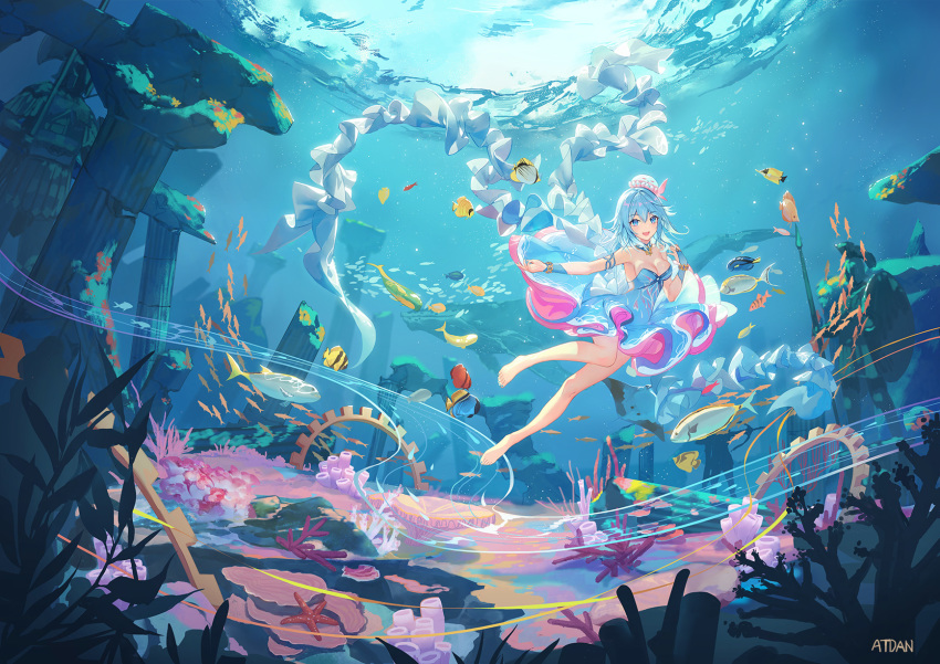 :d animal armpits artist_name atdan bangs bare_legs bare_shoulders barefoot blue_dress blue_eyes blue_hair bracelet breasts cleavage commentary coral coral_reef day dress female fish frilled_dress frills hair_between_eyes haiyi hat highres jellyfish jewelry long_hair looking_at_viewer medium_breasts ocean ocean_bottom open_mouth outdoors outstretched_hand pillar ruins school_of_fish seaweed sleeveless sleeveless_dress smile solo statue strapless strapless_dress underwater vocaloid wide_shot