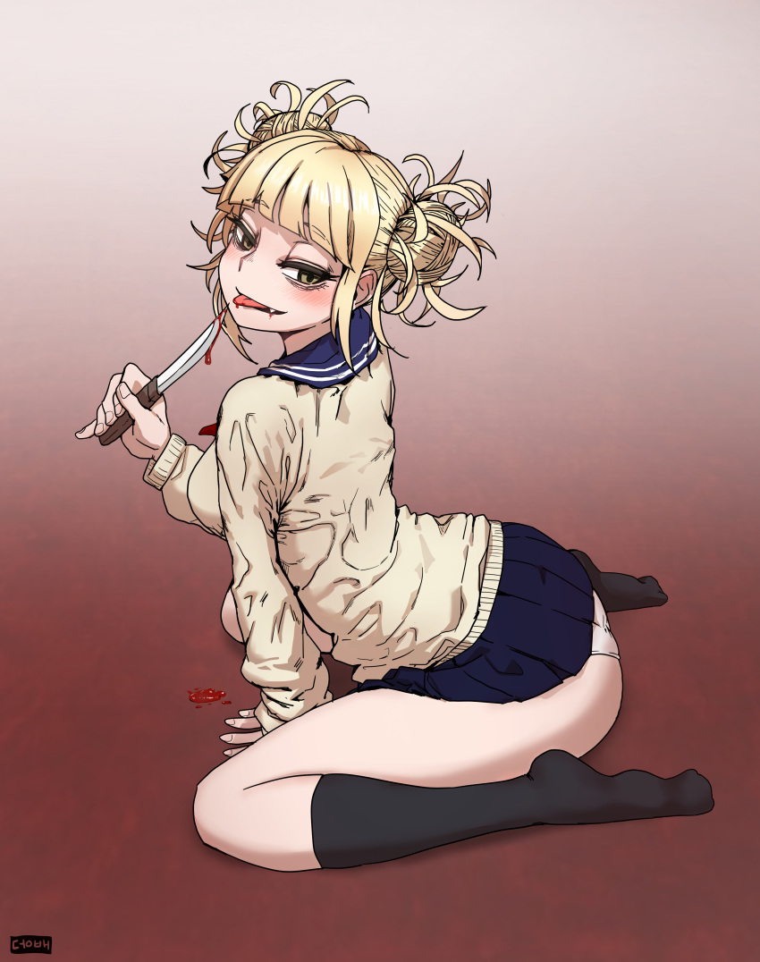 absurdres arched_back arm_support ass bangs black_legwear blonde_hair blood blue_sailor_collar blunt_bangs blush boku_no_hero_academia cardigan double_bun dungbae eyebrows_visible_through_hair full_body half-closed_eyes highres holding holding_knife kneehighs knife long_sleeves looking_at_viewer looking_back messy_hair oerba_yun_fang open_mouth panties sailor_collar school_uniform serafuku short_hair sitting skirt smile solo sweater toga_himiko tongue tongue_out underwear wariza yellow_eyes yellow_sweater