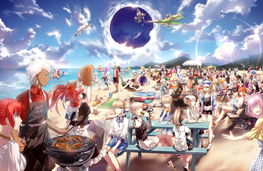 1other 6+boys 6+girls absolutely_everyone absurdres ahoge alexander_(fate) altera_(fate) alternate_costume amakusa_shirou_(fate) androgynous animal_ears animal_hands anne_bonny_(fate) anne_bonny_(swimsuit_archer)_(fate) annotated apron arash_(fate) archer_(fate) arjuna_(fate) artemis_(fate) artoria_pendragon_(fate) artoria_pendragon_(lancer)_(fate) artoria_pendragon_(lancer_alter)_(fate) assassin_(fate/zero) asterios_(fate) astolfo_(fate) atalanta_(fate) beach bedivere_(fate) beowulf_(fate) berserker_(fate/zero) bikini billy_the_kid_(fate) black_dress black_gloves black_sclera blanket blonde_hair blue_eyes blue_sky boudica_(fate) bow braid breasts brynhildr_(fate) bucket burger caligula_(fate) carmilla_(fate) character_request charles-henri_sanson_(fate) charles_babbage_(fate) chevalier_d'eon_(fate) chloe_von_einzbern cleopatra_(fate) cloud cloudy_sky coat colored_sclera commentary cooking covering_own_ears cross cu_chulainn_(caster)_(fate) cu_chulainn_(fate) cu_chulainn_(fate/prototype) cu_chulainn_(fate/stay_night) cu_chulainn_alter_(fate) darius_iii_(fate) dark-skinned_female dark-skinned_male dark_skin david_(fate) day demon_boy demon_horns diarmuid_ua_duibhne_(lancer)_(fate) dragging dress edmond_dantes_(fate) edward_teach_(fate) elizabeth_bathory_(fate) elizabeth_bathory_(fate/extra_ccc) emiya_kiritsugu emiya_kiritsugu_(assassin) enkidu_(fate) euryale_(fate) everyone fate/grand_order fate_(series) female_assassin_(fate/zero) fergus_mac_roich_(fate) fionn_mac_cumhaill_(fate/grand_order) first_aid_kit flag florence_nightingale_(fate) food fou_(fate) fox_ears fox_tail francis_drake_(fate) frankenstein's_monster_(fate) fujimaru_ritsuka_(female) fujimaru_ritsuka_(male) fujimura_taiga fuuma_kotarou_(fate) gaius_julius_caesar_(fate) gawain_(fate) georgios_(fate) geronimo_(fate) gilgamesh_(caster)_(fate) gilgamesh_(fate) gilles_de_rais_(caster)_(fate) gilles_de_rais_(saber)_(fate) glasses gloves gorgon_(fate) grape_(pixiv27523889) green_eyes green_hat grey_hair grill grilling hair_between_eyes hair_bun hair_ornament hair_over_one_eye hair_ribbon hair_scrunchie hans_christian_andersen_(fate) hassan_of_serenity_(fate) hassan_of_the_cursed_arm_(fate) hat hector_(fate) helena_blavatsky_(fate) heracles_(fate) hiding highres horns ibaraki_douji_(fate) illyasviel_von_einzbern innertube irisviel_von_einzbern irisviel_von_einzbern_(caster) ishtar_(fate) iskandar_(fate) jack_the_ripper_(fate/apocrypha) jaguarman_(fate) jeanne_d'arc_(fate) jeanne_d'arc_(ruler)_(fate) jeanne_d'arc_alter_(avenger)_(fate) jeanne_d'arc_alter_(fate) jeanne_d'arc_alter_santa_lily_(fate) jekyll_and_hyde_(fate) jewelry jing_ke_(fate) karna_(fate) king_hassan_(fate) kiyohime_(fate) lancelot_(fate/grand_order) leonardo_da_vinci_(fate) leonidas_(fate) li_shuwen_(fate) li_shuwen_(young)_(fate) lion lion_boy lion_hair long_hair long_sleeves lord_el-melloi_ii lu_bu_(fate) magical_ruby maid maid_headdress marie_antoinette_(fate) martha_(fate) mary_read_(fate) mary_read_(swimsuit_archer)_(fate) mash_kyrielight mash_kyrielight_(senpai_killer_outfit) mata_hari_(fate) meat medb_(fate) medea_(fate) medea_(lily)_(fate) medusa_(fate) medusa_(lancer)_(fate) medusa_(rider)_(fate) mephistopheles_(fate) merlin_(fate) minamoto_no_raikou_(fate) miyamoto_musashi_(fate) mordred_(fate) mordred_(fate/apocrypha) multiple_boys multiple_girls multiple_persona musashibo_benkei_(fate) mysterious_heroine_x_(fate) native_american necklace nero_claudius_(bride)_(fate) nero_claudius_(fate) nero_claudius_(fate/extra) nero_claudius_(modern_costume_of_crimson)_(fate) net nikola_tesla_(fate) nitocris_(fate) nursery_rhyme_(fate) ocean oda_nobunaga_(fate) oda_nobunaga_(koha-ace) official_alternate_costume okita_souji_(fate) okita_souji_(koha-ace) oni open_mouth orange_eyes orange_hair orion_(bear)_(fate) outdoors ozymandias_(fate) paracelsus_(fate) paw_gloves phantom_of_the_opera_(fate) pink_hair pirate_hat plaid plaid_dress plate pointing ponytail prisma_illya purple_eyes purple_hair quetzalcoatl_(fate) raft rama_(fate) red_hair red_ribbon ribbon robin_hood_(fate) romani_archaman romulus_(fate) ryougi_shiki saber_(fate) saber_alter saber_lily sakata_kintoki_(fate) sand_castle sand_sculpture sandals santa_alter sasaki_kojirou_(fate) scathach_(fate) scheherazade_(fate) scrunchie shore short_hair shorts shuten_douji_(fate) side_ponytail siegfried_(fate) single_hair_bun sitting skin-covered_horns sky smile spartacus_(fate) stalking stheno_(fate) sunglasses sweatdrop swim_ring swimming swimsuit table tail tamamo_(fate) tamamo_cat_(fate) tamamo_no_mae_(fate/extra) tawara_touta_(fate) thomas_edison_(fate) too_many towel translated trench_coat tristan_(fate) twin_braids twintails ushiwakamaru_(fate) v very_long_hair vlad_iii_(fate/apocrypha) volleyball volleyball_net water waver_velvet waving white_hair william_shakespeare_(fate) wolfgang_amadeus_mozart_(fate) xuangzang_sanzang_(fate) yellow_eyes