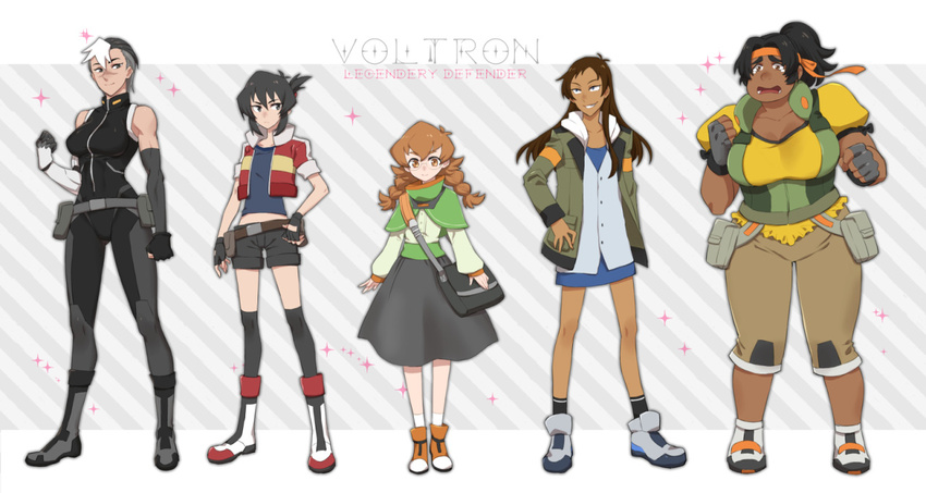 1boy 4girls adapted_costume black_hair brown_hair commentary_request crossdressing genderswap_(ftm) genderswap_(mtf) glasses headband hunk_(voltron) keith_(voltron) lance_(voltron) long_skirt looking_at_viewer midriff multiple_girls navel otoko_no_ko pidge_gunderson plump ponzu_(beetle_burner) rule_63 scar skirt takashi_shirogane voltron:_legendary_defender voltron_(series)