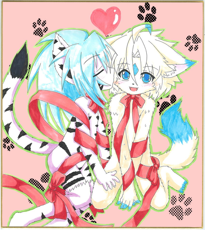 2girls animal_ears bad_id bad_pixiv_id blue_eyes blush borrowed_character closed_eyes furry furry_female fuurin_rei heart highres long_hair multiple_girls naked_ribbon open_mouth original paw_print ribbon rule_koforia shikishi short_hair sitting smile tail tomoyan_(nyakkoya) traditional_media v_arms wariza