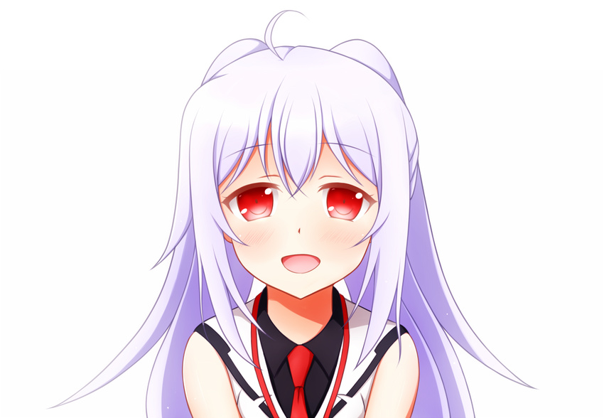 :d ahoge black_shirt bow commentary_request female hairbow isla_(plastic_memories) long_hair looking_at_viewer natsu_(927013) necktie open_mouth plastic_memories red_eyes red_necktie shirt simple_background sleeveless sleeveless_shirt smile solo twintails uniform white_background white_hair