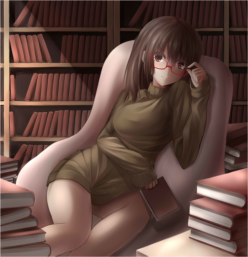 absurdres artist_request book bookshelf brown_hair chair female female glasses highres light_smile long_sleeves nicoby red-framed_glasses short_hair sitting sleeves_past_wrists smile solo sweater