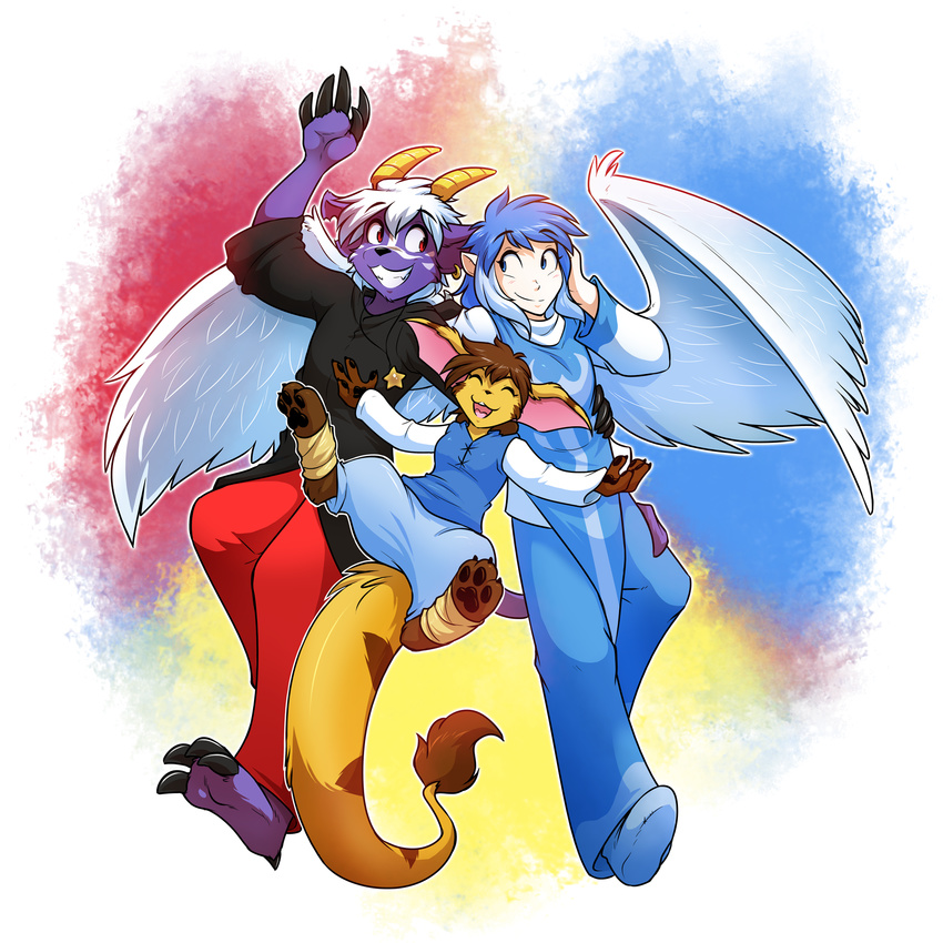 1:1 adolescent angel anthro balancing_on_tail big_ears blue_eyes blush buwaro_elexion claws closed_eyes colored conditional_dnp demon ear_piercing feathered_wings feathers female fur group hair hi_res horn jakkai jewelry kieri_suizahn male mammal multicolored_hair necklace painting_(artwork) pawpads piercing red_eyes rhea_snaketail simple_background slightly_damned standing stripes tail tom_fischbach traditional_media_(artwork) watercolor_(artwork) wings young