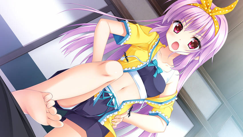 barefoot covered_nipples dutch_angle female floral_flowlove frills game_cg hair_down hairband hands_on_own_hips indoors leg_up long_hair looking_at_viewer midriff moribe_(rabumanyo) navel open_mouth panties panty_peek pink_eyes purple_hair saisu_riku shorts sports_bra stepped_on underwear white_panties