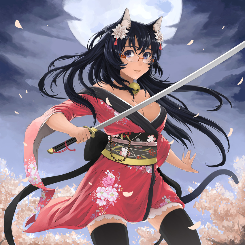 animal_ears ayakashi_hyakkiyakou black_eyes black_hair black_thighhighs breasts cat_ears cat_tail cleavage commentary_request female flower glasses hair_flower hair_ornament highres japanese_clothes jchoy katana lips long_hair medium_breasts obi off_shoulder original petals photoshop_(medium) red-framed_eyewear sash slit_pupils smile solo sword tail thighhighs weapon