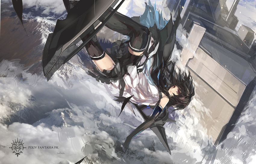 bad_id bad_pixiv_id black_hair boat brown_eyes brown_hair falling female highres paradise_(swd3e2) pixiv_fantasia pixiv_fantasia_fallen_kings scarf solo swd3e2 sword thighhighs water watercraft weapon