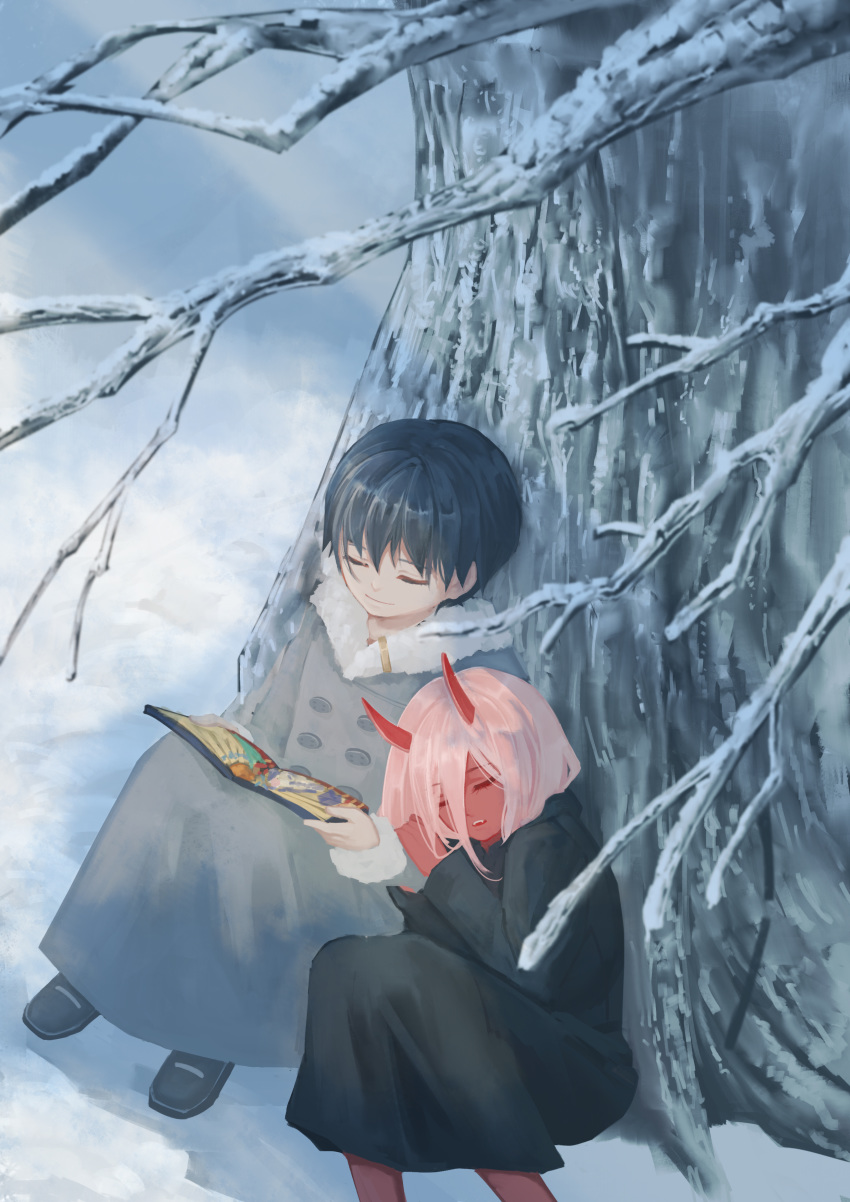 1boy absurdres aged_down bad_id bad_pixiv_id black_cloak black_footwear black_hair book chu_dengdeng cloak closed_eyes coat colored_skin commentary_request couple darling_in_the_franxx female fur_trim grey_coat highres hiro_(darling_in_the_franxx) holding holding_book hood hooded_cloak horns long_coat long_hair oni_horns open_book parka photoshop_(medium) pink_hair red_horns red_skin shoes sitting snow straight the_beast_and_the_prince tree winter_clothes winter_coat zero_two_(darling_in_the_franxx)