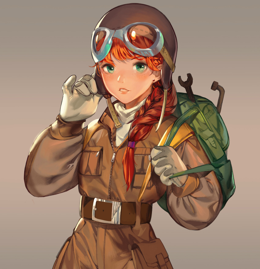 absurdres backpack bag belt braid chinese_commentary commentary damiaodi earrings female gloves goggles goggles_on_head green_eyes hair_over_shoulder hat highres jewelry long_hair looking_at_viewer orange_hair original parted_lips photoshop_(medium) pilot_suit science_fiction single_braid solo stud_earrings wrench zipper zipper_pull_tab