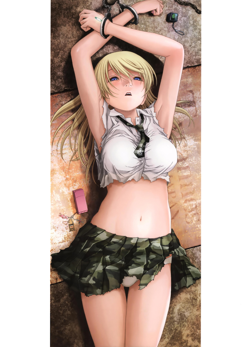 absurdres arms_up blonde_hair blue_eyes bomb breasts btooom! camouflage cellphone cellphone_charm charm_(object) cowboy_shot cuffs explosive female handcuffs highres himiko_(btooom!) inoue_jun'ya long_hair lying midriff nail_polish navel necktie official_art on_back open_mouth phone pleated_skirt restrained rotated scan shirt skirt solo thigh_gap torn_clothes torn_shirt torn_skirt woodland_camouflage