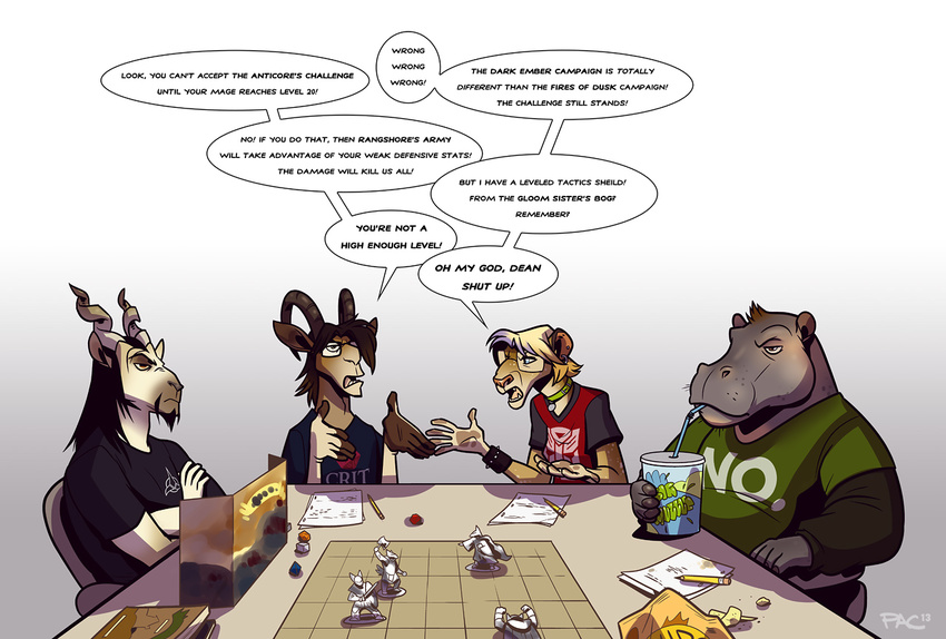 anthro argument autobot_insignia beverage black_hair blonde_hair blue_hair bold_text book bovid breasts brown_hair caprine character_miniature chips_(food) clothing common_hippopotamus conjoined_speech_bubble d6 dialogue dice dungeons_and_dragons ear_piercing english_text eyewear felid female figurine food game_piece gaming glasses goat group hair hasbro hippopotamid holding_object horn level_number linked_speech_bubble lion male mammal markhor miniature miniature_model multicolored_hair name_drop name_in_dialogue number omg pac pantherine pencil_(object) piercing potato_chips print_clothing print_shirt print_t-shirt print_topwear repeated_dialogue repeated_text role-playing_game shirt soda speech_bubble t-shirt tabletop_game text text_on_clothing text_on_shirt text_on_t-shirt text_on_topwear text_print topwear two_tone_hair unimpressed wizards_of_the_coast writing_utensil