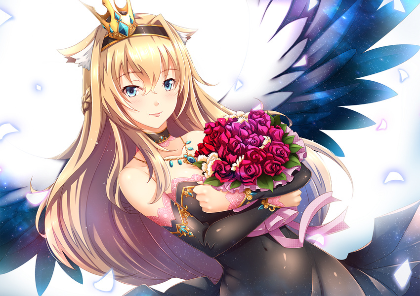 aata1007 alternate_costume black_dress blonde_hair blue_eyes bouquet braid bridal_gauntlets choker commentary_request crown dress female flower hairband half_up_braid jewelry kantai_collection long_hair looking_at_viewer mini_crown necklace off-shoulder_dress off_shoulder rose simple_background smile solo upper_body warspite_(kancolle) white_background wings