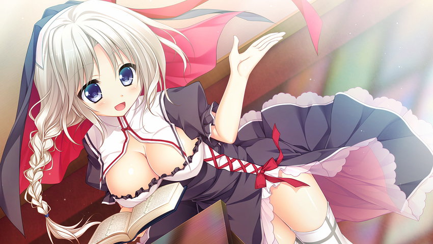 aoi_suu blue_eyes blush book braid breasts cleavage dutch_angle female floral_flowlove game_cg habit large_breasts long_hair matsumiya_kiseri nun open_book open_mouth petticoat puffy_short_sleeves puffy_sleeves ribbon-trimmed_clothes ribbon_trim short_sleeves side_slit single_braid smile thighhighs veil white_hair