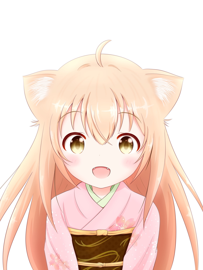 absurdres ahoge animal_ears blonde_hair blush commentary_request eyebrows female fox_ears highres japanese_clothes kimono konohana_kitan long_hair looking_at_viewer oerba_yun_fang open_mouth simple_background smari_ibis solo teeth upper_body upper_teeth_only white_background yellow_eyes yuzu_(konohana_kitan)