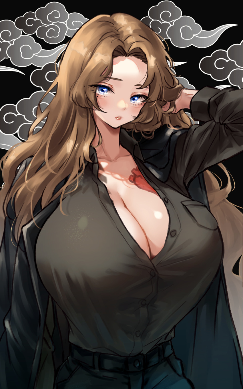 1girls big_breasts blue_eyes blush brown_hair cleavage clothing hand_on_head limbus_company long_hair looking_at_viewer project_moon rodion_(limbus_company) shirt standing tattoo tight_clothing