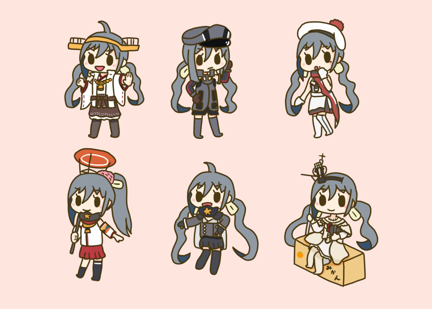 :d absurdres ahoge beret bismarck_(kancolle) bismarck_(kancolle)_(cosplay) black_gloves black_socks black_thighhighs box brown_gloves brown_hair brown_skirt cardboard_box cherry_blossoms chibi cosplay crown detached_sleeves dress female fingerless_gloves flower gloves grey_footwear grey_hair hair_between_eyes hat headgear highres holding holding_umbrella kantai_collection kiyoshimo_(kancolle) kongou_(kancolle) kongou_kai_ni_(kancolle) kongou_kai_ni_(kancolle)_(cosplay) long_hair long_sleeves looking_at_viewer low_twintails mini_crown mole mole_under_eye mole_under_mouth multiple_views musashi_(kancolle) musashi_kai_ni_(kancolle) musashi_kai_ni_(kancolle)_(cosplay) nontraditional_miko off-shoulder_dress off_shoulder oil-paper_umbrella open_mouth peaked_cap pink_background pom_pom_(clothes) ponytail red_flower red_rose red_skirt ribbon-trimmed_sleeves ribbon_trim richelieu_(kancolle) richelieu_(kancolle)_(cosplay) rose scarf simple_background single_thighhigh sitting skirt smile socks supertron6251 thighhighs twintails umbrella very_long_hair warspite_(kancolle) warspite_(kancolle)_(cosplay) white_dress white_gloves wide_sleeves yamato_(kancolle) yamato_(kancolle)_(cosplay)