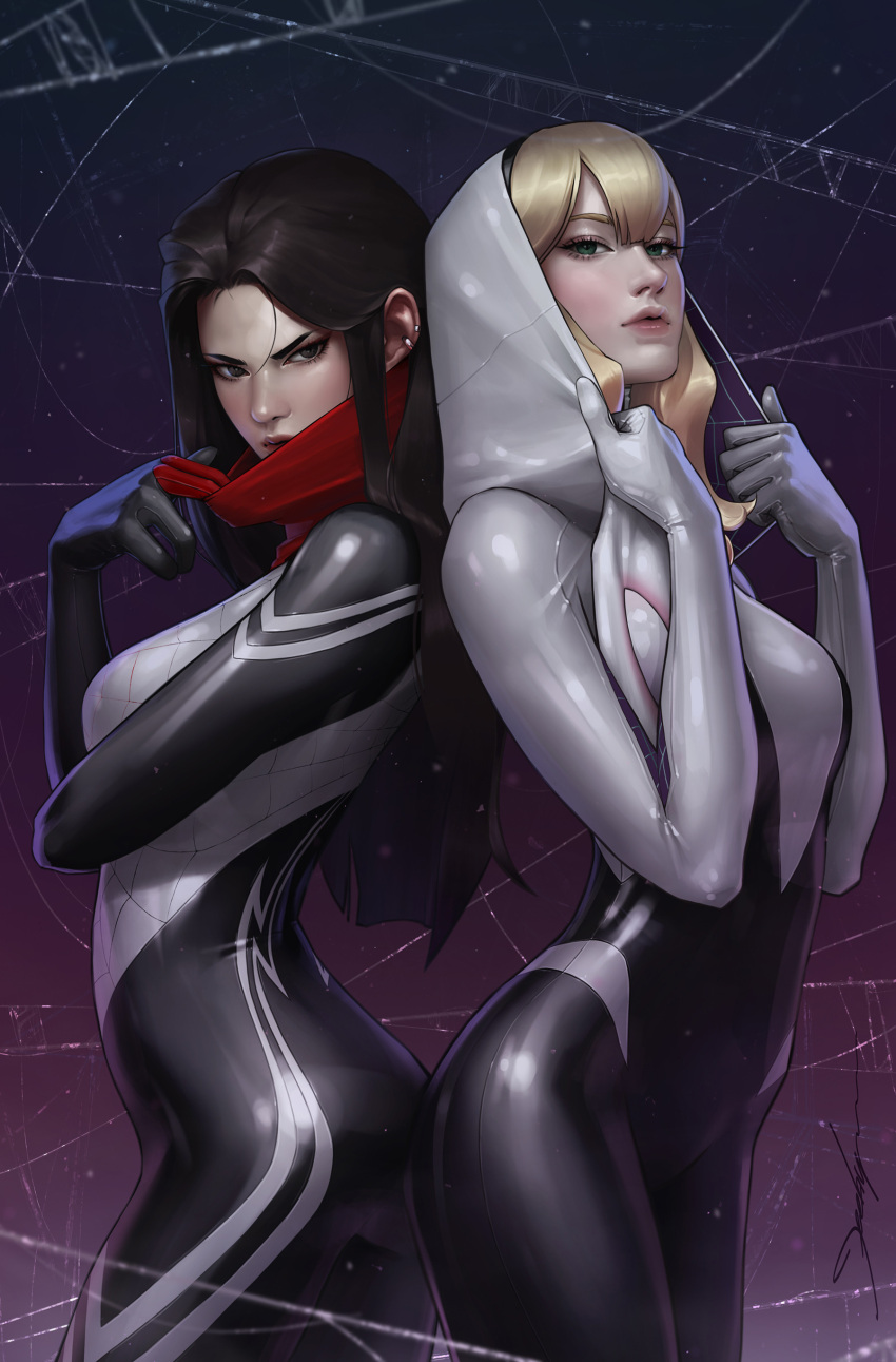 2girls absurdres ass-to-ass black_eyes black_gloves black_hair black_hairband blonde_hair blue_eyes bodysuit breasts cindy_moon comic_cover cover_image english_commentary gloves gwen_stacy hair_behind_ear hairband head_tilt highres hood hooded_bodysuit jee-hyung_lee looking_at_viewer marvel mask_pull medium_breasts multiple_girls official_art realistic silk_(marvel) spider-gwen spider-man_(series) superhero_costume v-shaped_eyebrows white_gloves