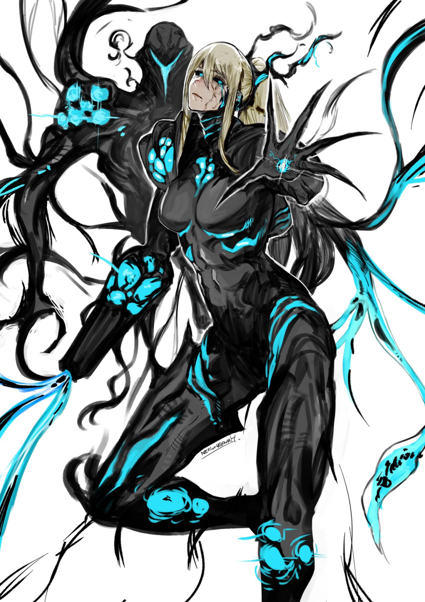 arm_cannon assault_visor black_sclera blonde_hair blue_eyes blue_visor claws colored_sclera commentary dark_samus english_commentary female highres looking_at_viewer metroid metroid_prime_3:_corruption phazon ponytail power_suit reaching reaching_towards_viewer samus_aran science_fiction weapon yourfreakyneighbourh