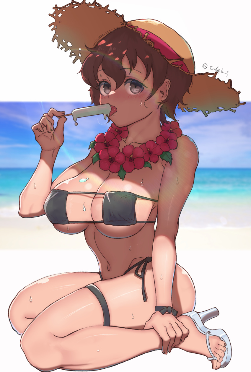 absurdres akaboshi_koume beach bikini black_bikini black_ribbon blue_eyes blue_sky breasts brown_hair brown_hat commentary day dripping eating eyepatch_bikini female flower flower_necklace food food_in_mouth full_body girls_und_panzer hat high_heels highres holding holding_food horizon jewelry large_breasts looking_at_viewer navel necklace ocean outdoors popsicle popsicle_in_mouth ribbon sandals short_hair side-tie_bikini_bottom sitting sky solo straw_hat sun_hat sweat swimsuit takefu_jiin thigh_strap twitter_username wariza wavy_hair white_footwear wrist_ribbon