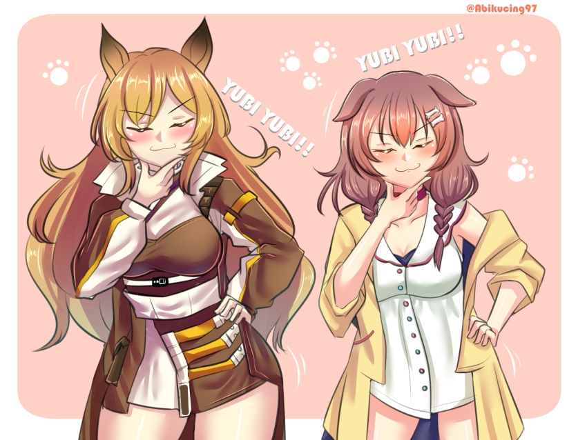 2girls abineko animal_ears animal_hands arknights bone_hair_ornament braid brown_dress brown_hair ceobe_(arknights) closed_eyes commentary crossover dog_ears dog_girl dress english_commentary hair_ornament hand_on_own_hip highres hololive inugami_korone inugami_korone_(1st_costume) jacket long_hair multiple_girls open_clothes open_jacket twin_braids twitter_username virtual_youtuber white_dress yellow_jacket