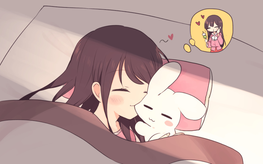 :i :t =_= affectionate animal animal_ears bed black_hair blanket blush blush_stickers bow bowtie chewing closed_eyes closed_mouth collared_shirt commentary_request crossed_bangs dango dreaming eating female food frills futon grabbing hair_between_eyes heart hime_cut holding holding_food houraisan_kaguya hug imagining inaba_mob_(touhou) indoors japanese_clothes long_hair long_skirt long_sleeves lying morning nakukoroni nibbling on_side pillow pink_shirt rabbit rabbit_ears red_skirt sanshoku_dango shade shirt simple_background skewer skirt sleeping smile sunlight thought_bubble touhou very_long_hair wagashi white_background white_bow white_bowtie wide_sleeves