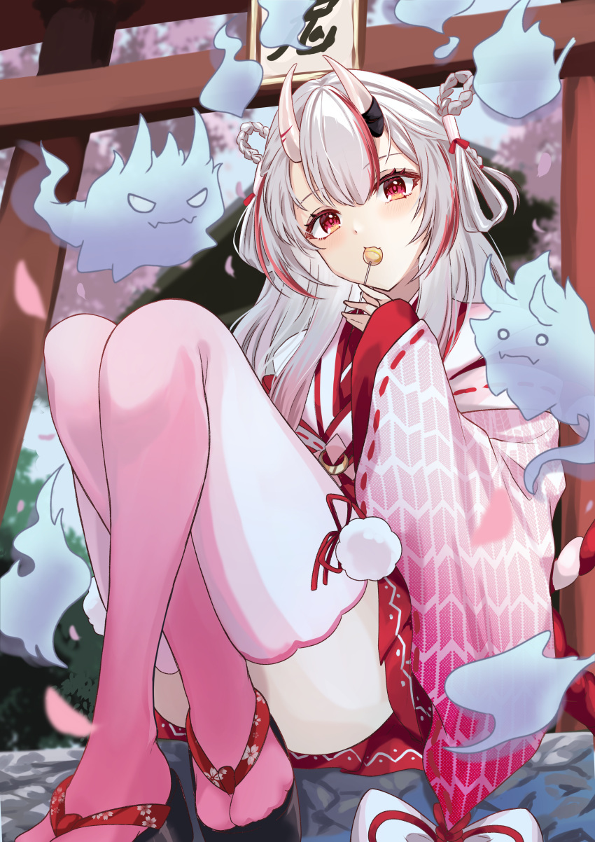 absurdres artistic_error candy crossed_legs female floral_print food gradient_legwear harusame349 highres hololive horns karma_(nakiri_ayame) knees_up legs lollipop long_hair long_sleeves looking_at_viewer multicolored_hair nakiri_ayame nakiri_ayame_(shrine_maiden) official_alternate_costume petals pink_thighhighs pom_pom_(clothes) red_eyes red_hair sandals shiranui_(nakiri_ayame) sitting skin-covered_horns sleeves_past_wrists solo streaked_hair tabi thighhighs torii virtual_youtuber white_hair wide_sleeves wrong_foot yagasuri zouri