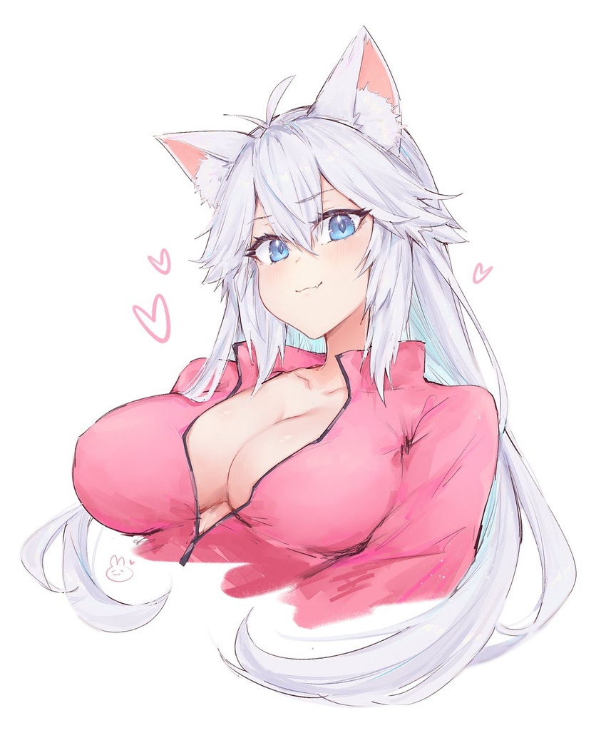 animal_ears blue_eyes breasts cat_ears cleavage closed_mouth collarbone emu_(confisery) female heart highres jacket large_breasts long_hair looking_at_viewer oerba_yun_fang partially_unzipped smug solo track_jacket vei_(vtuber) vei_(vtuber)_(1st_costume) virtual_youtuber vshojo white_background white_hair