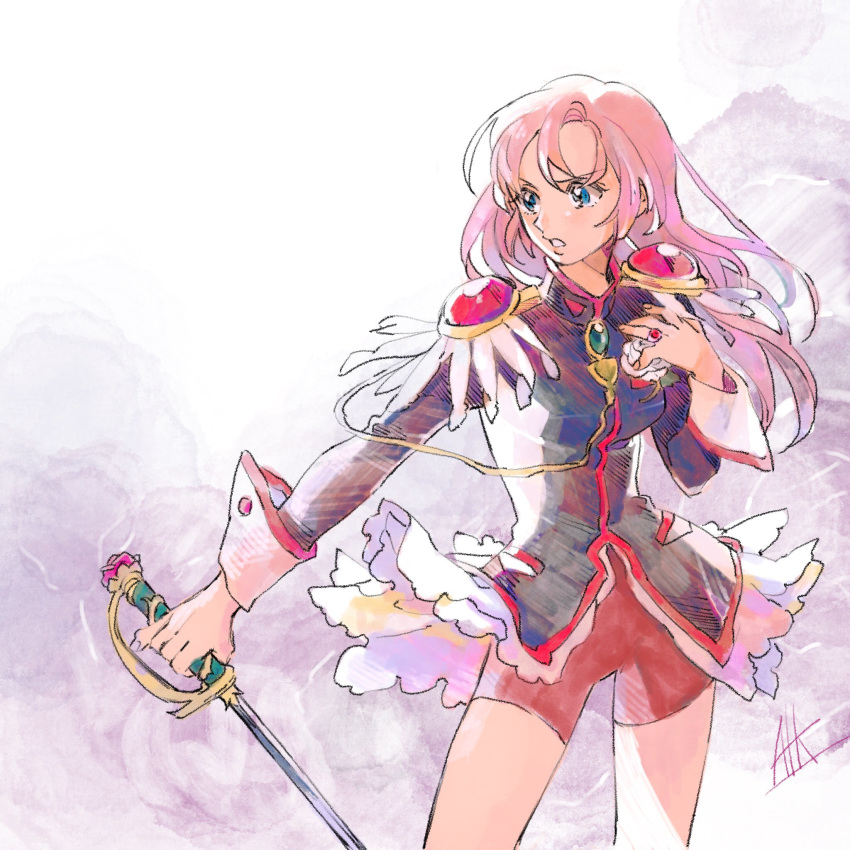 aiguillette ateka bike_shorts black_jacket blue_eyes commentary epaulettes female flower frills highres holding holding_sword holding_weapon jacket jewelry long_hair pink_hair red_shorts ring rose shorts shoujo_kakumei_utena solo sword sword_of_dios tenjou_utena weapon white_background white_flower white_rose