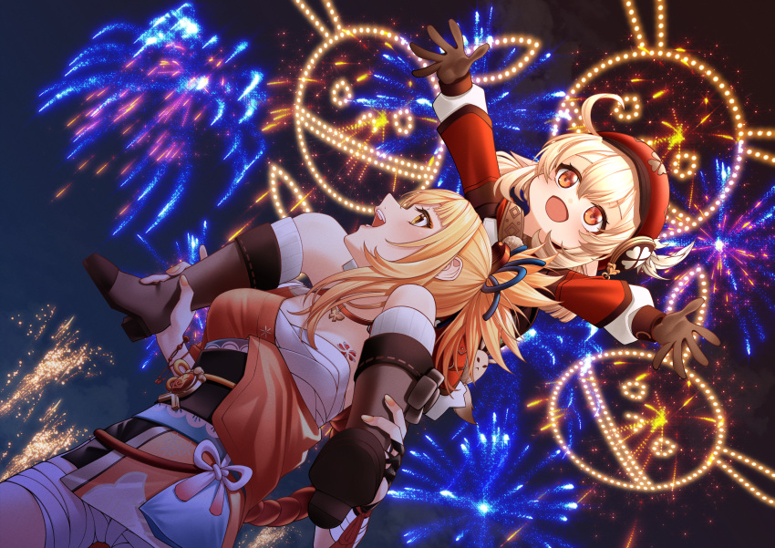 2girls absurdres aerial_fireworks ahoge back_bow bandaged_arm bandaged_leg bandages bead_bracelet beads blonde_hair boots bow bracelet brown_footwear brown_gloves carrying chest_sarashi chest_tattoo choker clear_sky cloud commentary crossed_bangs dodoco_(genshin_impact) festival fireworks fish_hair_ornament floral_print flower_tattoo folded_ponytail genshin_impact gloves hadanugi_dousa hair_ornament hairbow hands_up happy hat hat_ornament high_heel_boots high_heels highres holding holding_legs jacket japanese_clothes jewelry kimono kinchaku klee_(genshin_impact) knee_boots kneehighs long_hair long_sleeves looking_up low_twintails lower_teeth_only medium_hair multiple_girls night night_sky obi obidome obijime open_hands open_mouth outstretched_arms parted_bangs piggyback pouch print_kimono red_choker red_eyes red_headwear red_jacket rope sarashi sash shimenawa short_kimono short_twintails short_yukata shoulder_tattoo sidelocks sky smile socks soruna_(nell) standing tattoo teeth twintails upper_teeth_only white_socks yellow_eyes yoimiya_(genshin_impact) yukata