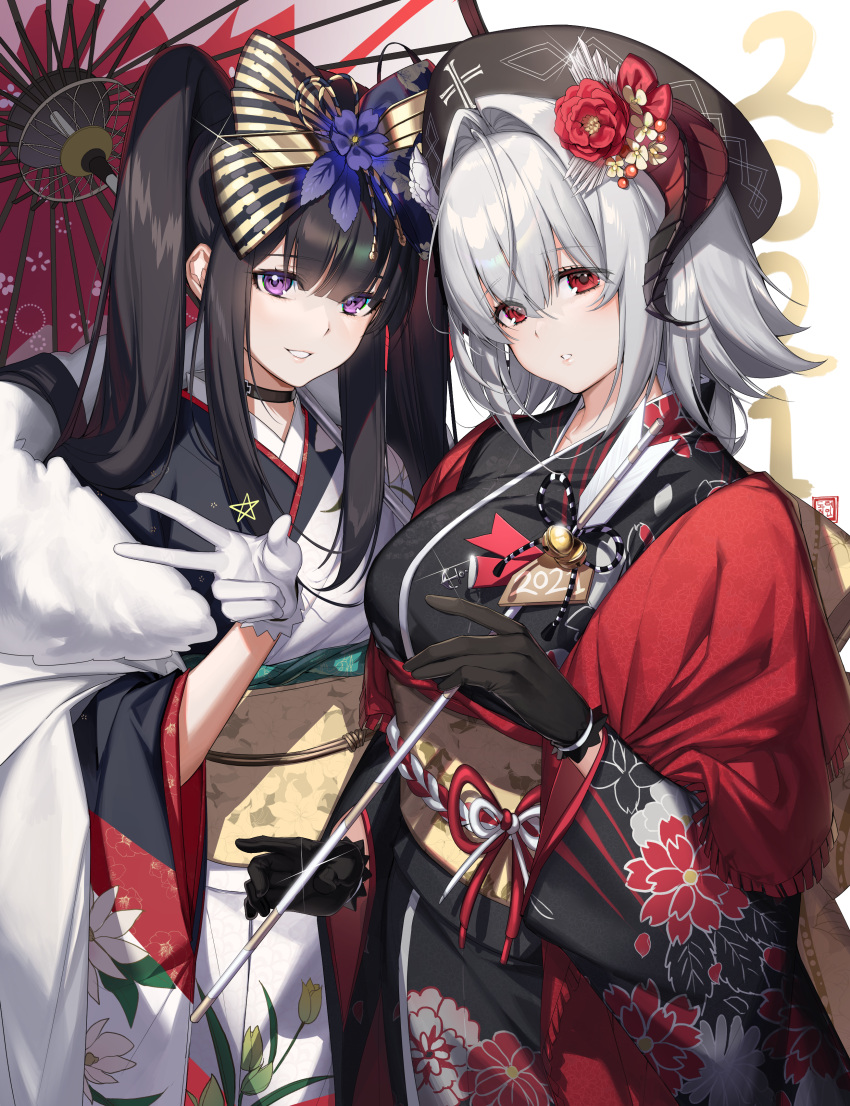 2021 2girls absurdres arrow_(projectile) azur_lane black_choker black_gloves black_hair blush breasts choker commentary cross diffraction_spikes dore_(gilles_dore) ema floral_print glint gloves grey_hair hair_ornament hamaya hat head_tilt highres holding holding_arrow horns iron_cross japanese_clothes kimono large_breasts long_hair long_sleeves looking_at_viewer multiple_girls nuernberg_(azur_lane) obi oil-paper_umbrella parted_lips peter_strasser_(azur_lane) purple_eyes red_eyes revision sash smile star_(symbol) star_hair_ornament symbol-only_commentary twintails umbrella very_long_hair w white_gloves wide_sleeves