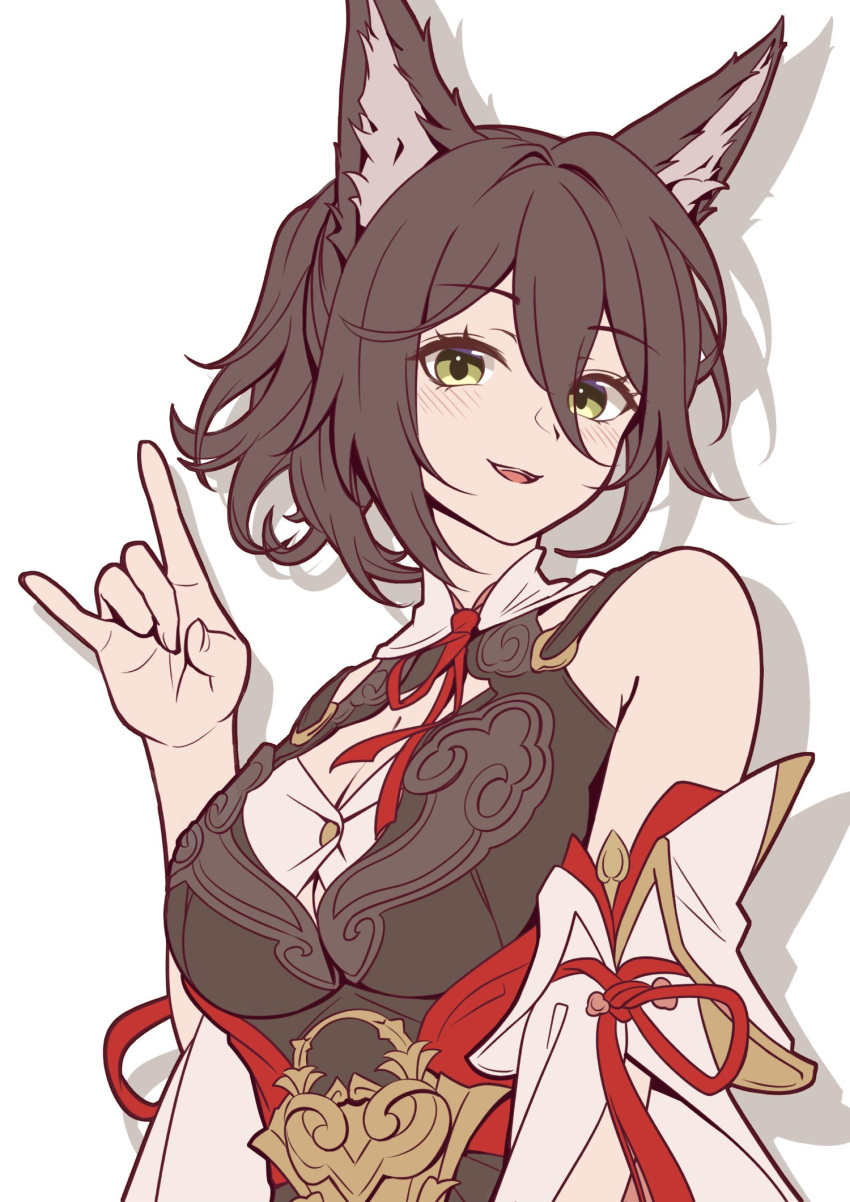 :d animal_ears bare_shoulders breasts brown_dress brown_hair cleavage cleavage_cutout clothing_cutout commentary_request detached_sleeves dress female flat_color fox_ears hand_up highres honkai:_star_rail honkai_(series) looking_at_viewer medium_breasts mon-chan open_mouth short_hair simple_background smile solo tingyun_(honkai:_star_rail) upper_body white_background yellow_eyes