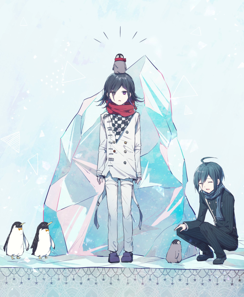 2boys alternate_costume animal animal_on_head baby_penguin bird bird_on_head black_footwear black_hair black_jacket black_pants blue_scarf buttons checkered_clothes checkered_scarf closed_eyes danganronpa_(series) danganronpa_v3:_killing_harmony double-breasted emperor_penguin goto_(sep) highres ice iceberg jacket long_sleeves male_focus multiple_boys oma_kokichi on_head open_mouth pants penguin purple_footwear red_scarf saihara_shuichi scarf short_hair squatting standing straitjacket striped_clothes striped_jacket striped_pants white_jacket white_pants