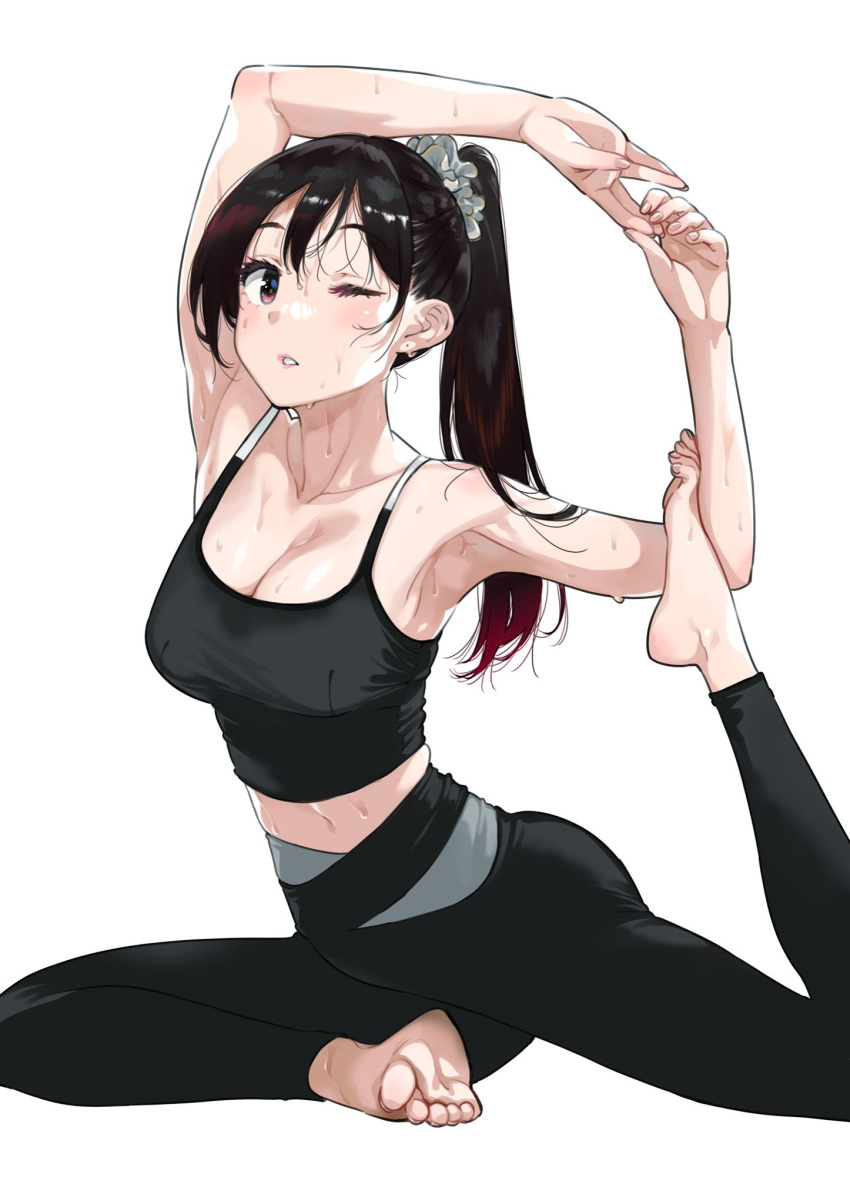 armpits arms_up barefoot black_hair breasts brown_eyes cleavage crop_top feet female gradient_hair hands_on_feet high_ponytail highres kanojo_okarishimasu large_breasts long_hair looking_at_viewer midriff miyajima_reiji mizuhara_chizuru multicolored_hair navel official_art one_eye_closed open_mouth pants pigeon_pose ponytail red_hair simple_background soles solo sports_bra stretching sweat teeth toes very_sweaty white_background yoga yoga_pants