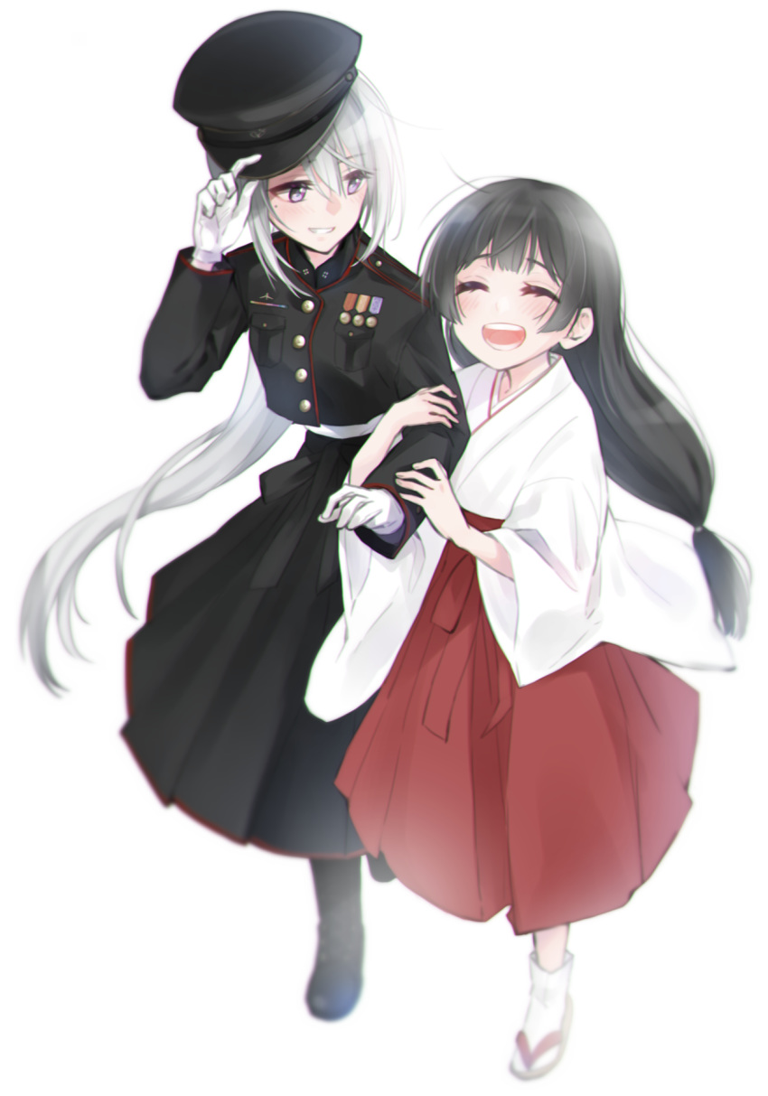 2girls alternate_costume black_hair closed_eyes full_body hakama hakama_skirt highres higuchi_kaede higuchi_kaede_(8th_costume) japanese_clothes long_hair miko military military_uniform mole mole_under_eye multiple_girls myama nijisanji ponytail purple_eyes red_hakama skirt tsukino_mito tsukino_mito_(8th_costume) uniform very_long_hair virtual_youtuber white_hair wide_sleeves