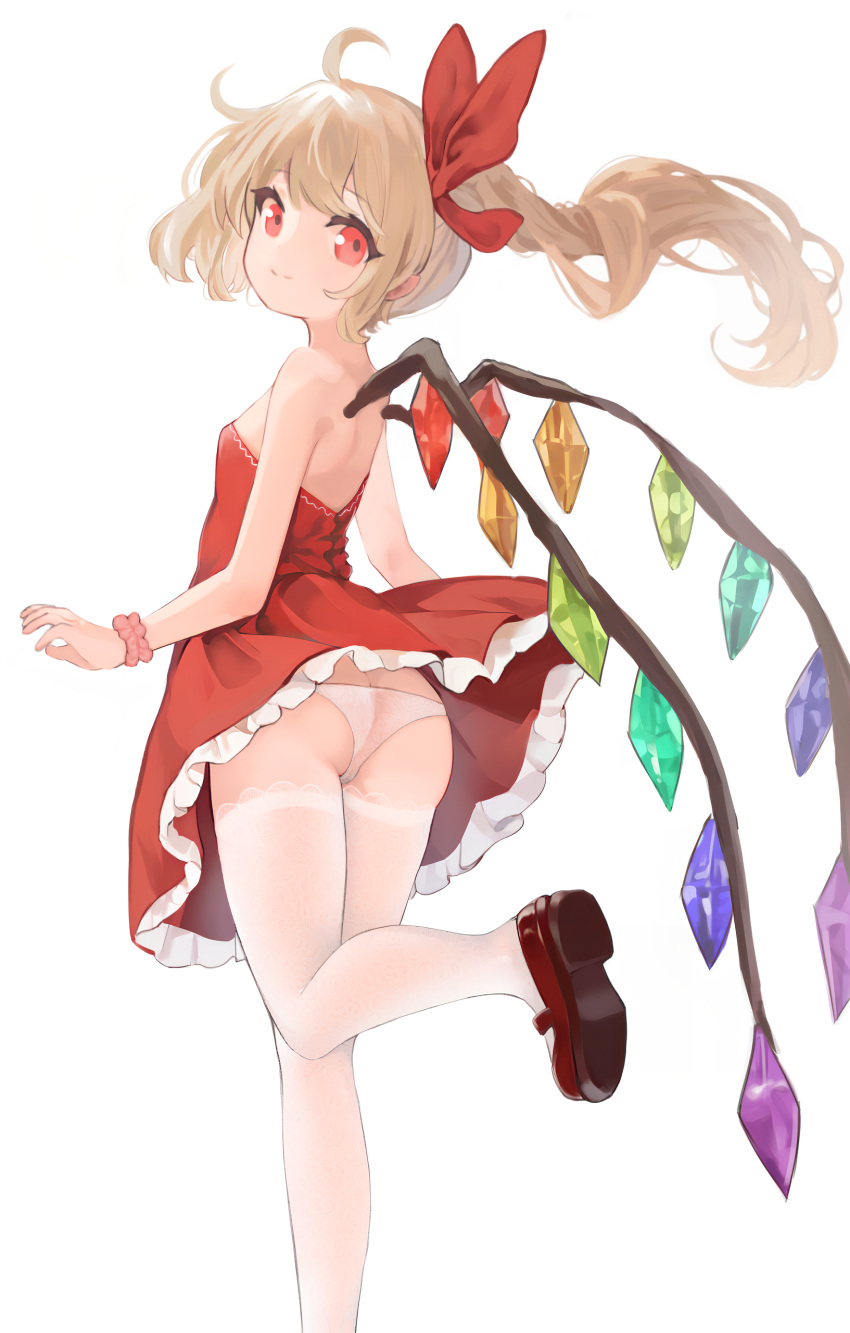 absurdres ahoge ass blonde_hair breasts brown_footwear butt_crack closed_mouth crystal dress female flandre_scarlet foot_out_of_frame frilled_dress frills hair_between_eyes highres long_hair md5_mismatch one_side_up panties red_dress red_eyes shoes simple_background small_breasts smile solo strapless strapless_dress touhou underwear wangyq white_background white_panties wings