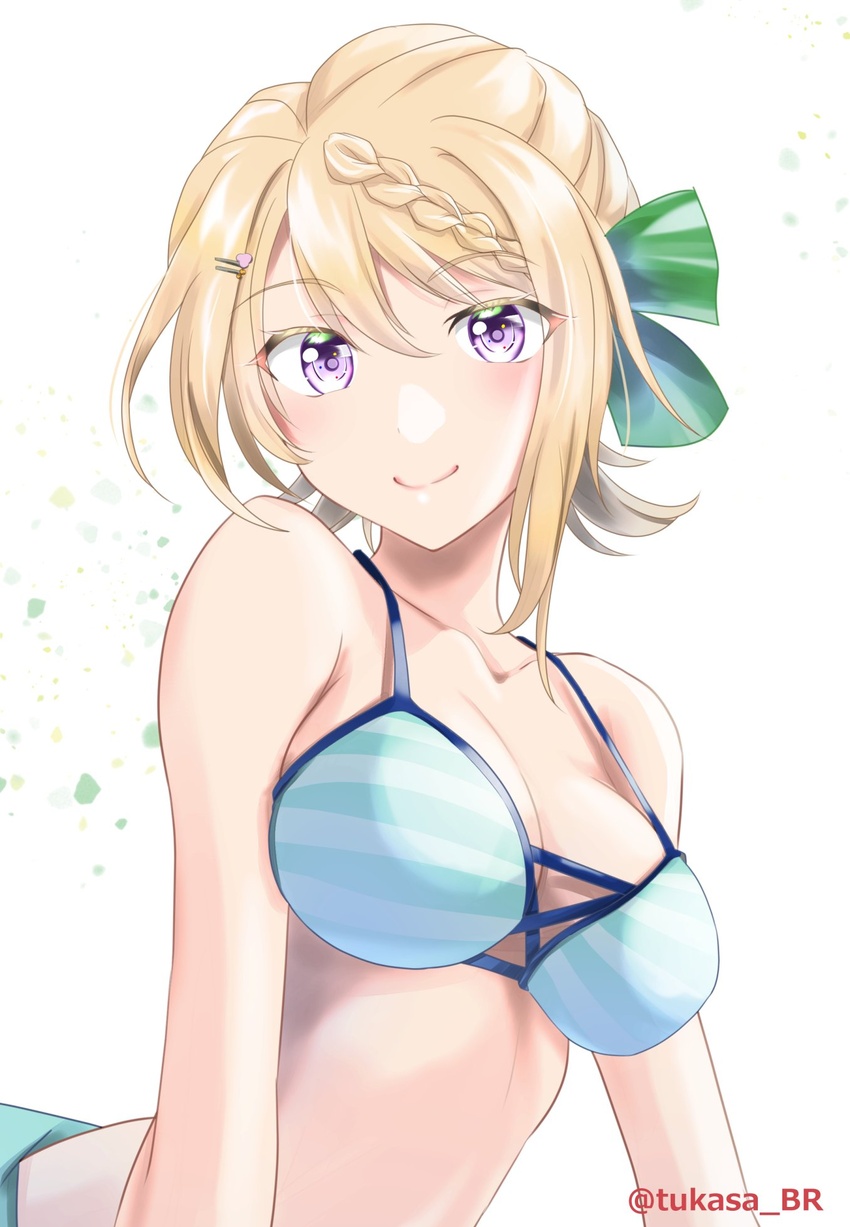 bikini blonde_hair braid braided_bangs breasts cleavage commentary_request female green_bikini highres kantai_collection large_breasts long_hair official_alternate_costume perth_(kancolle) perth_(swimsuit_mode)_(kancolle) purple_eyes simple_background solo striped_bikini striped_clothes swimsuit tsukasa_(tukasa_br) upper_body white_background